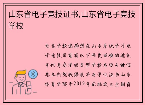 山东省电子竞技证书,山东省电子竞技学校